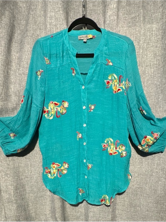 figueroa & flower Tops - Figueroa & Flower Turquoise Floral Embroidered Button-Front Boho Tunic Blouse XL